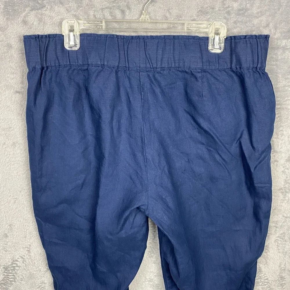 J JILL Pure 100% Linen Pull On Pants Cropped Blue Ankle Toggle Large Coastal